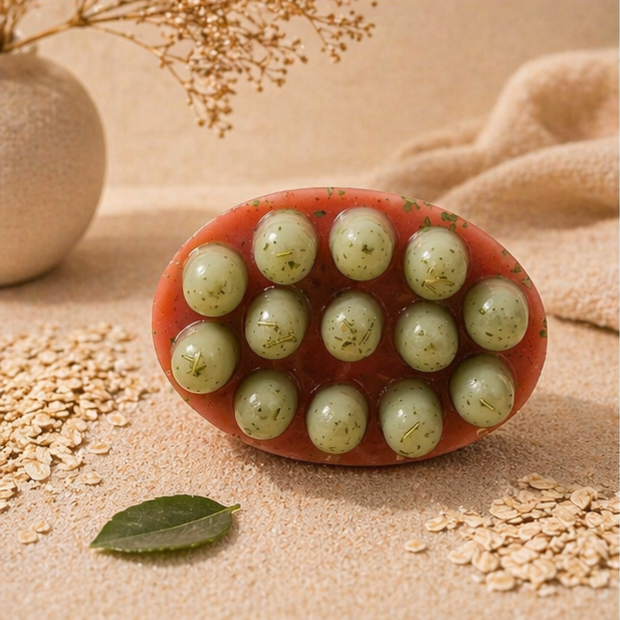 Red soap with green spherical elements on a beige surface with oats and a leaf.