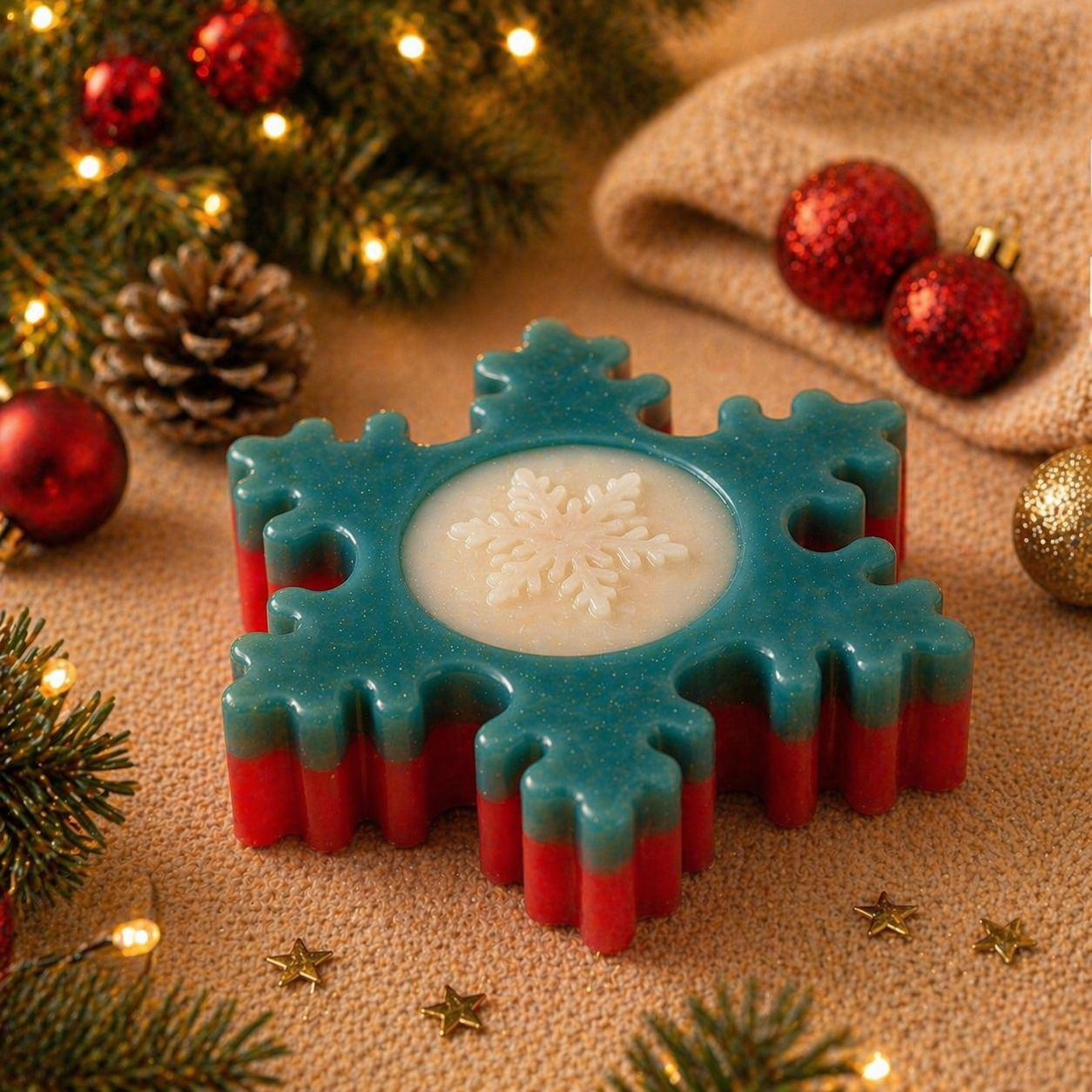 Decorative snowflake-shaped candle with red and blue gradient on a festive background with Christmas decorations.