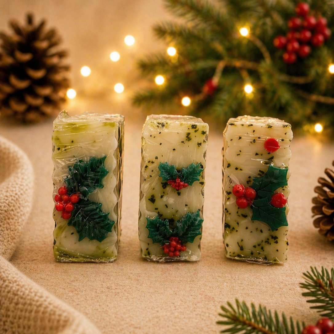Three decorative candles with holly design on a festive background with lights and pine cones.