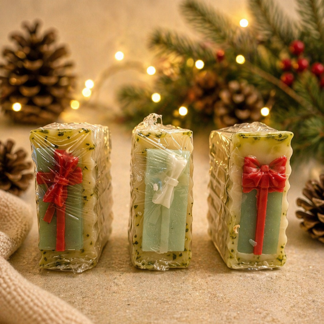 Three small candles wrapped in paper with red bows on a festive background with lights and pine cones.