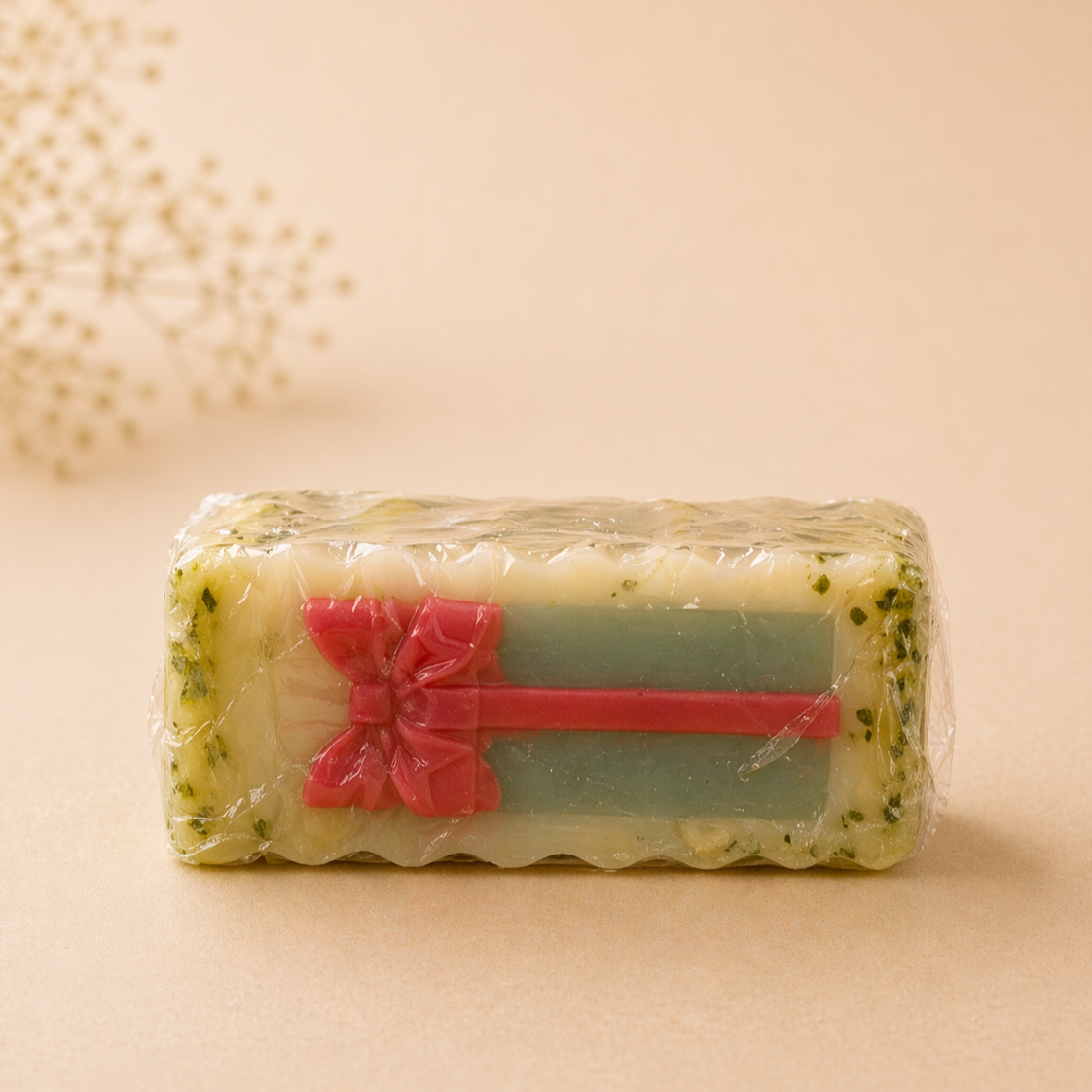 Bar of soap with a pink bow on a beige background