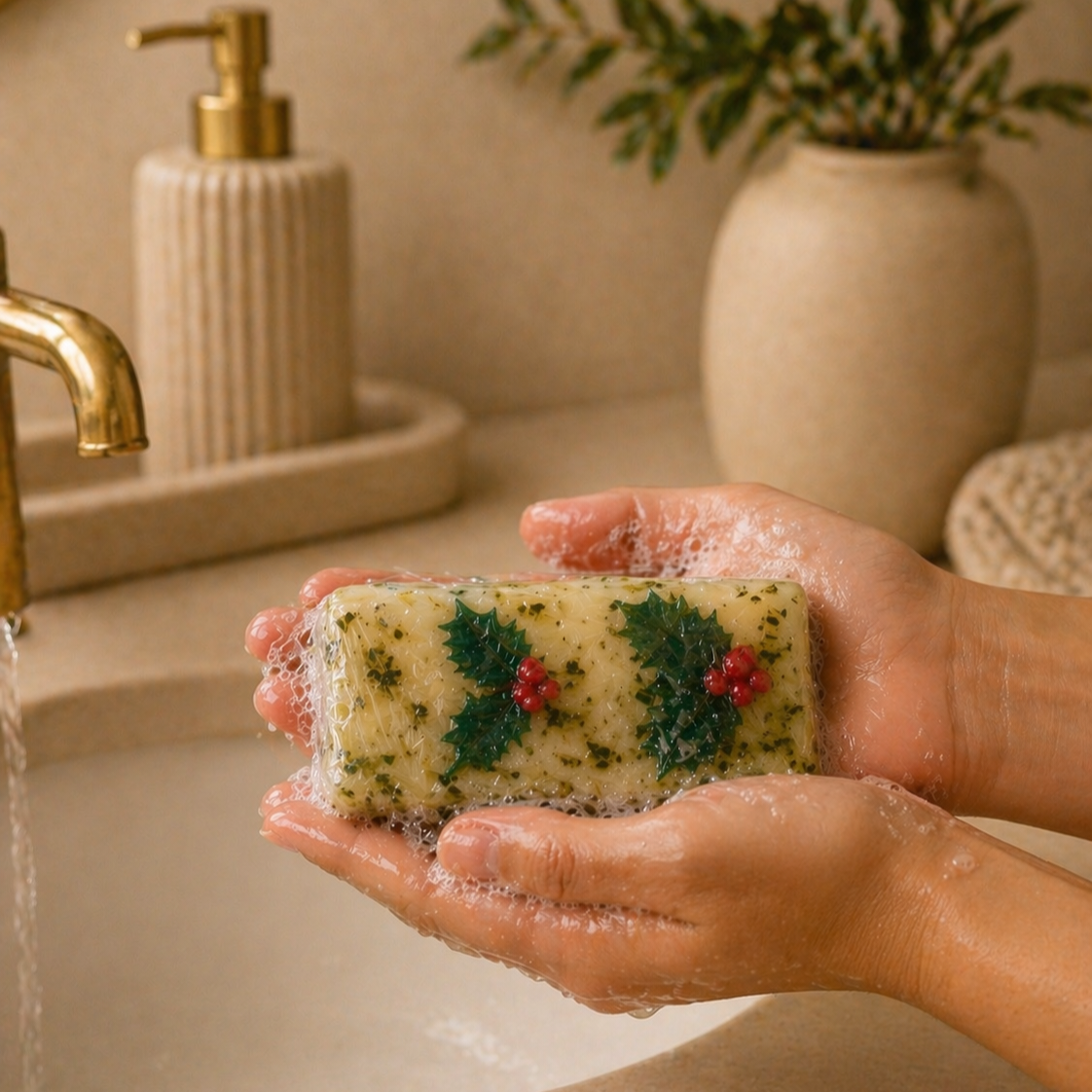 Hand holding a soapy sponge with greenery and berries in a bathroom setting.