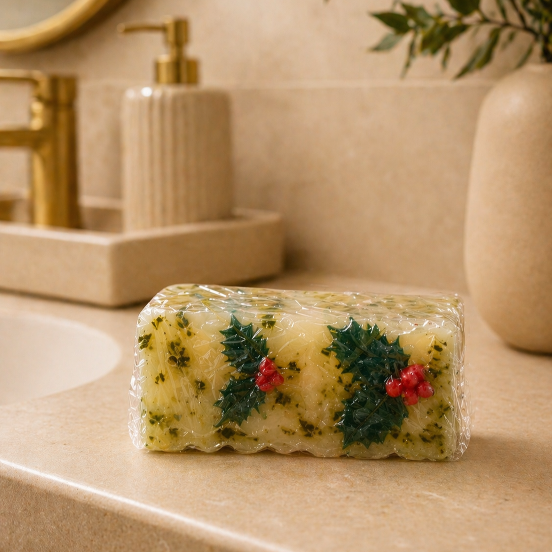 Bar of soap with decorative elements on a bathroom counter
