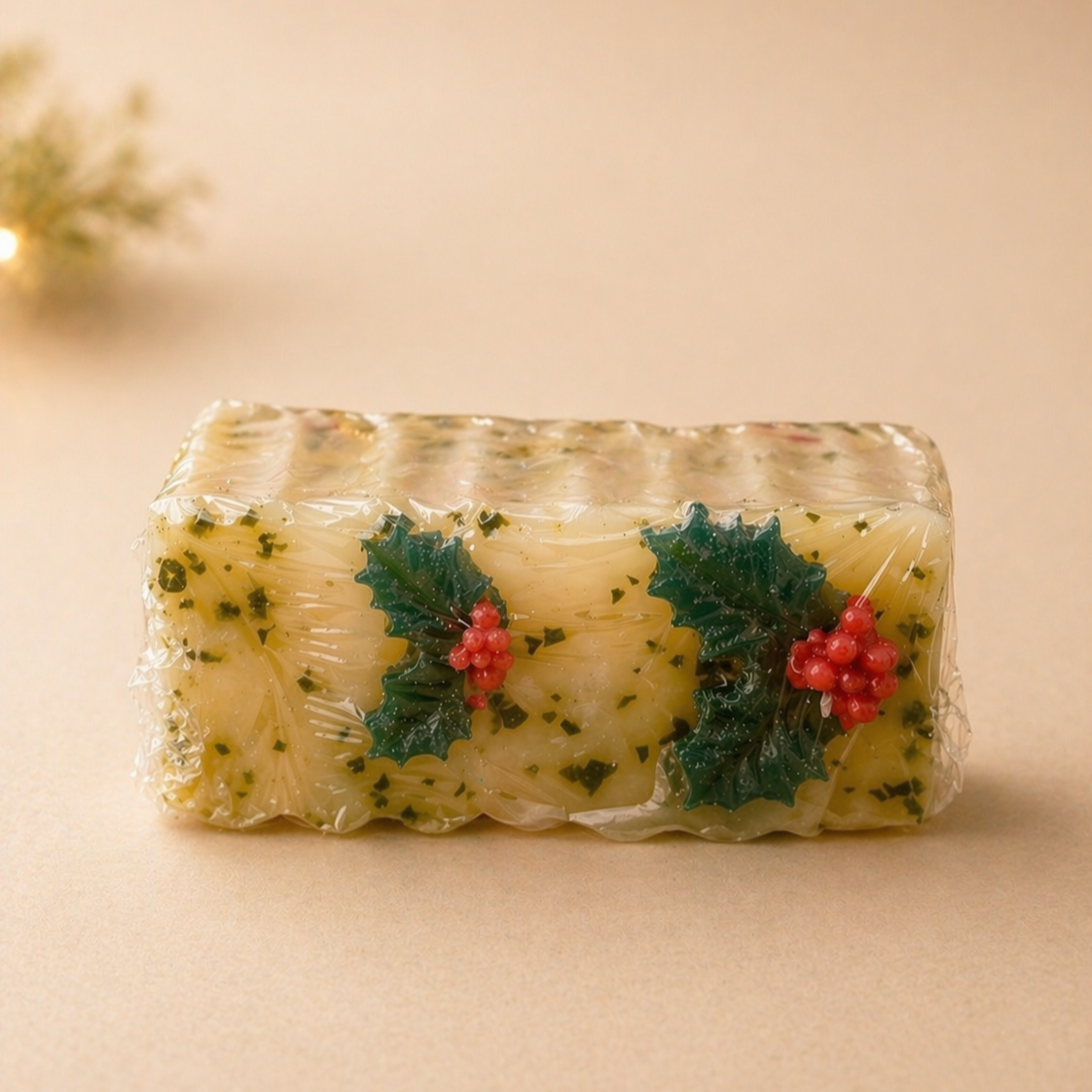 Rectangular block of cheese with holly decorations on a beige background