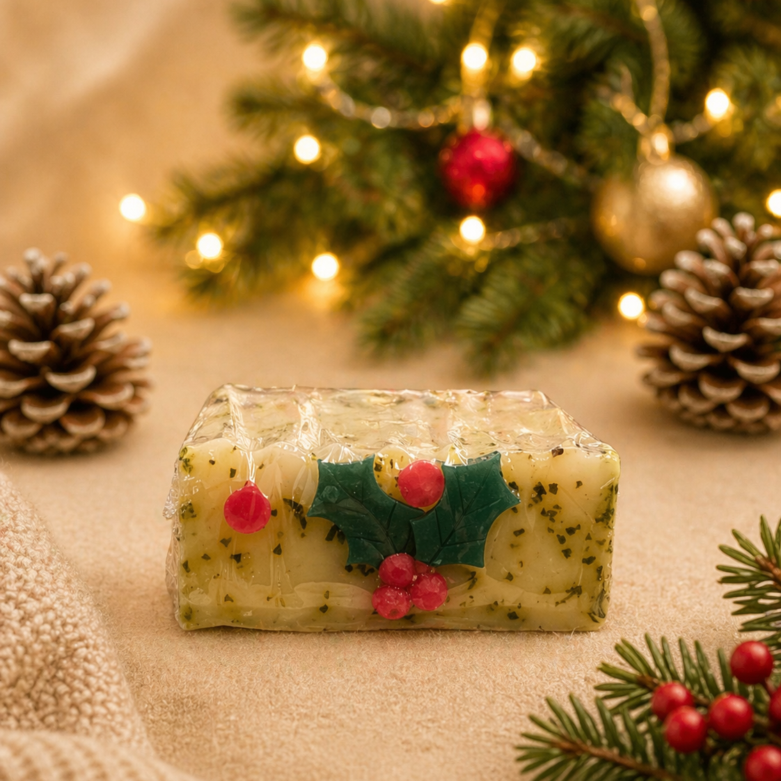 Decorative candle with holly design on a festive background with Christmas tree and pinecones.