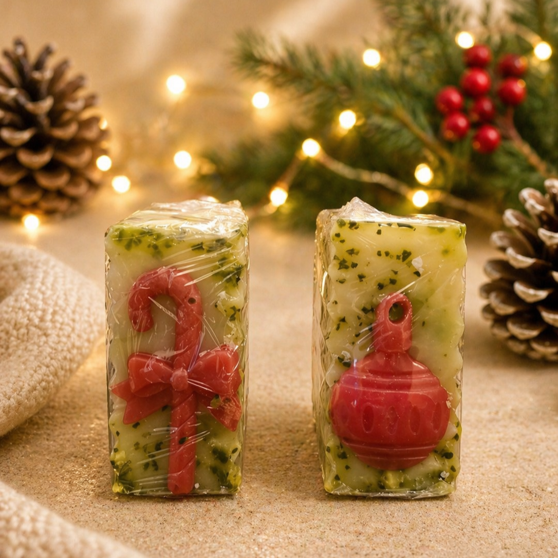 Two rectangular candles with red Christmas ornaments wrapped in clear plastic, set against a festive background with lights and pine cones.