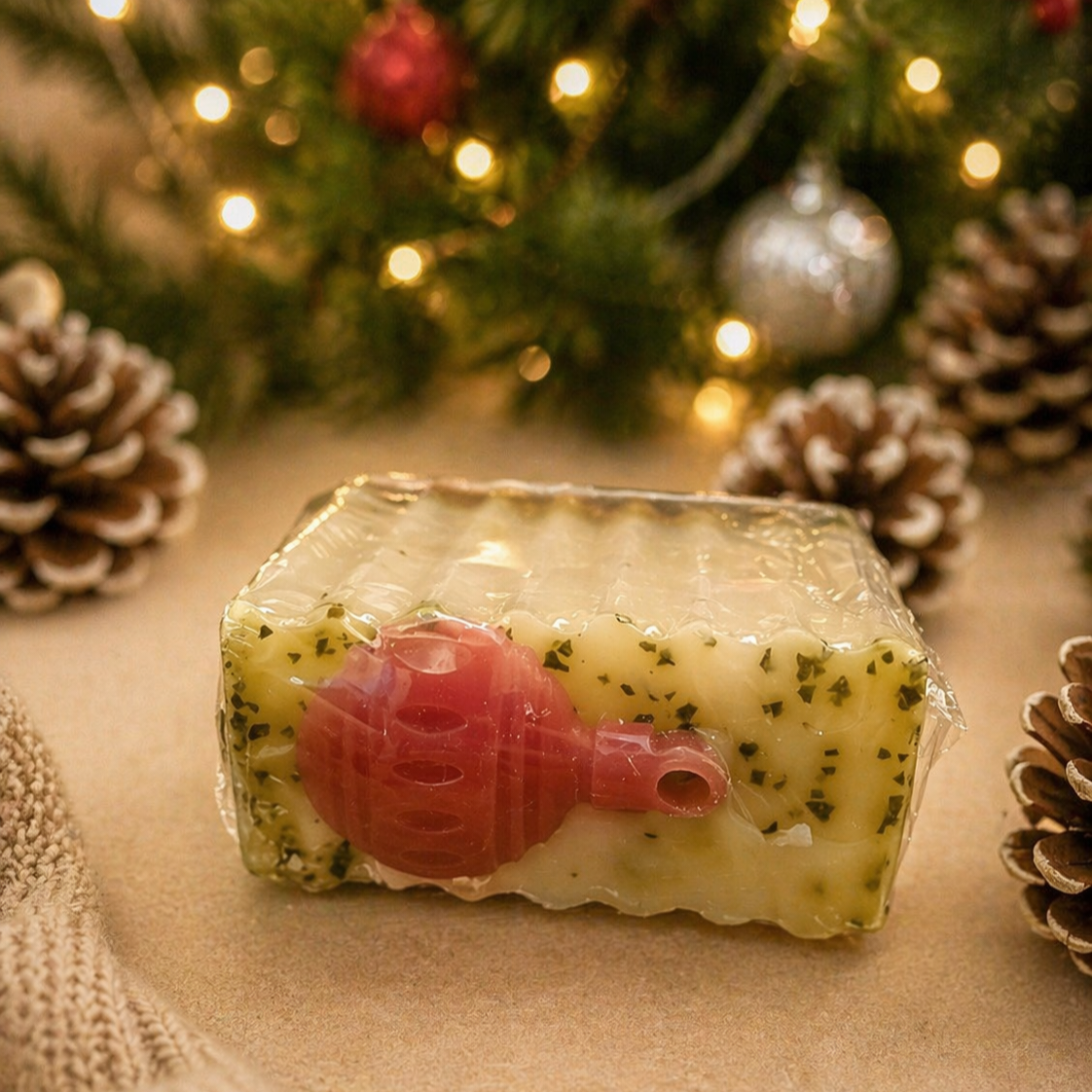 Block of soap with a pink fish figure on a beige surface with Christmas decorations in the background.