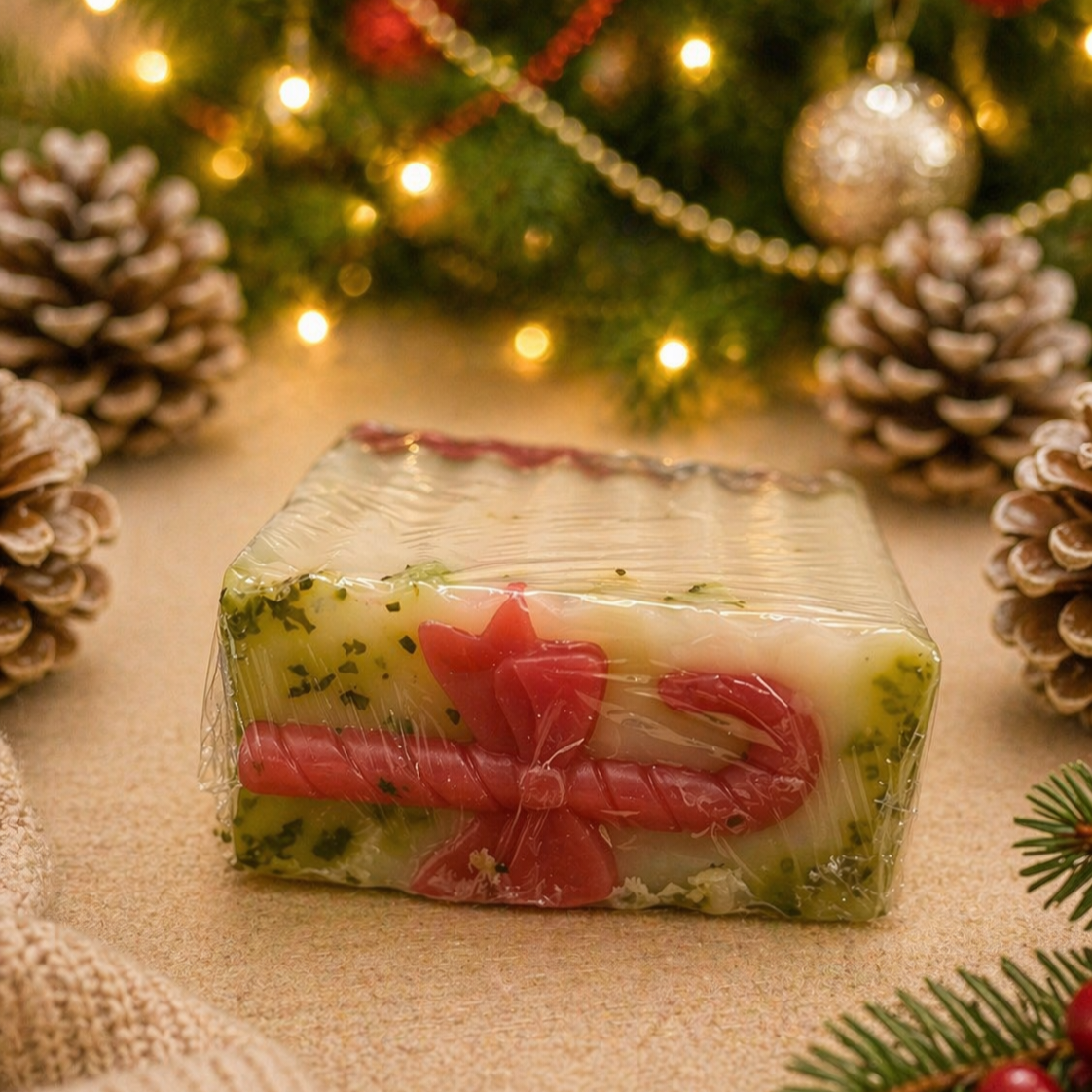 Rectangular soap with red bow design in front of a Christmas tree with lights and pinecones.