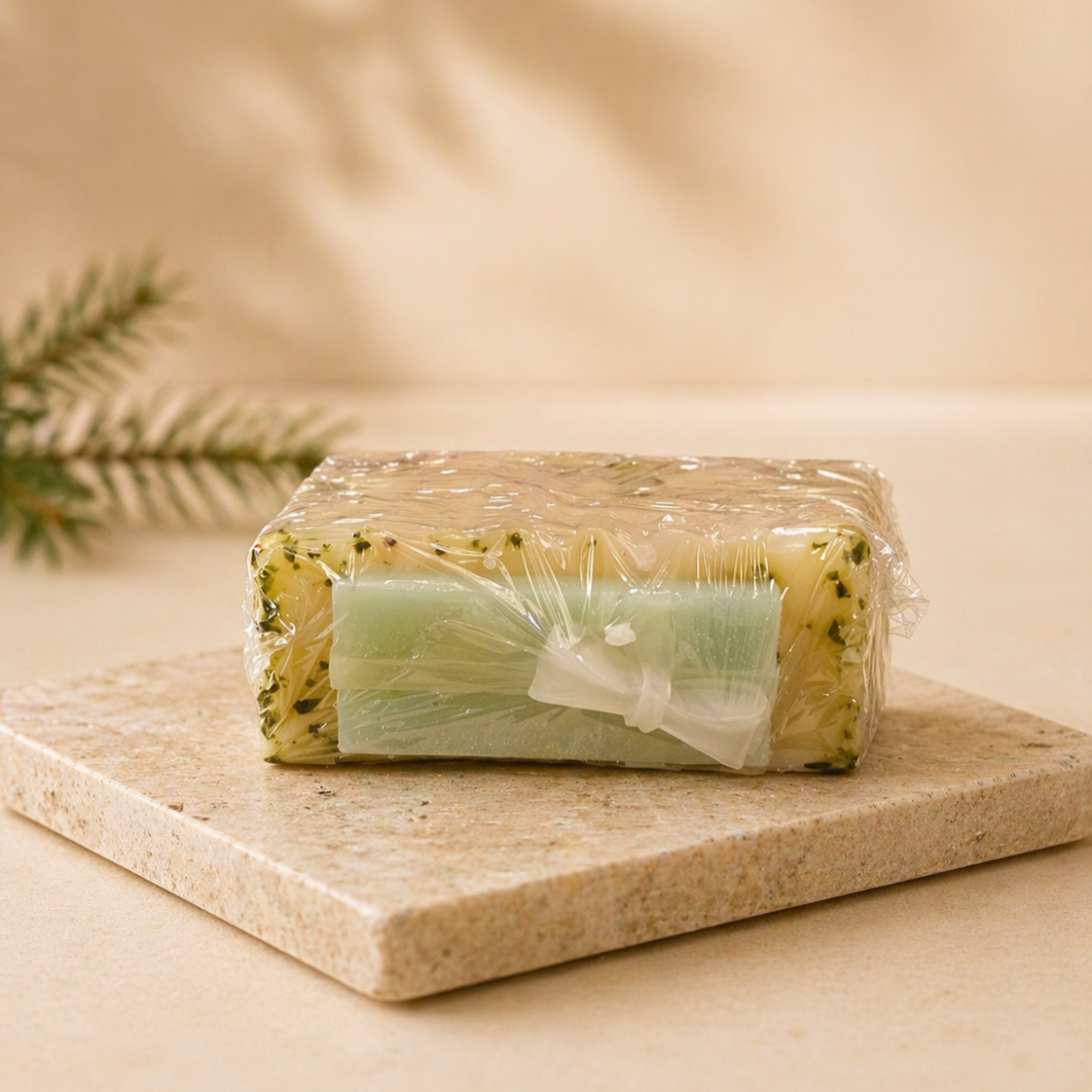 Bar of soap wrapped in clear plastic on a stone surface with a soft background