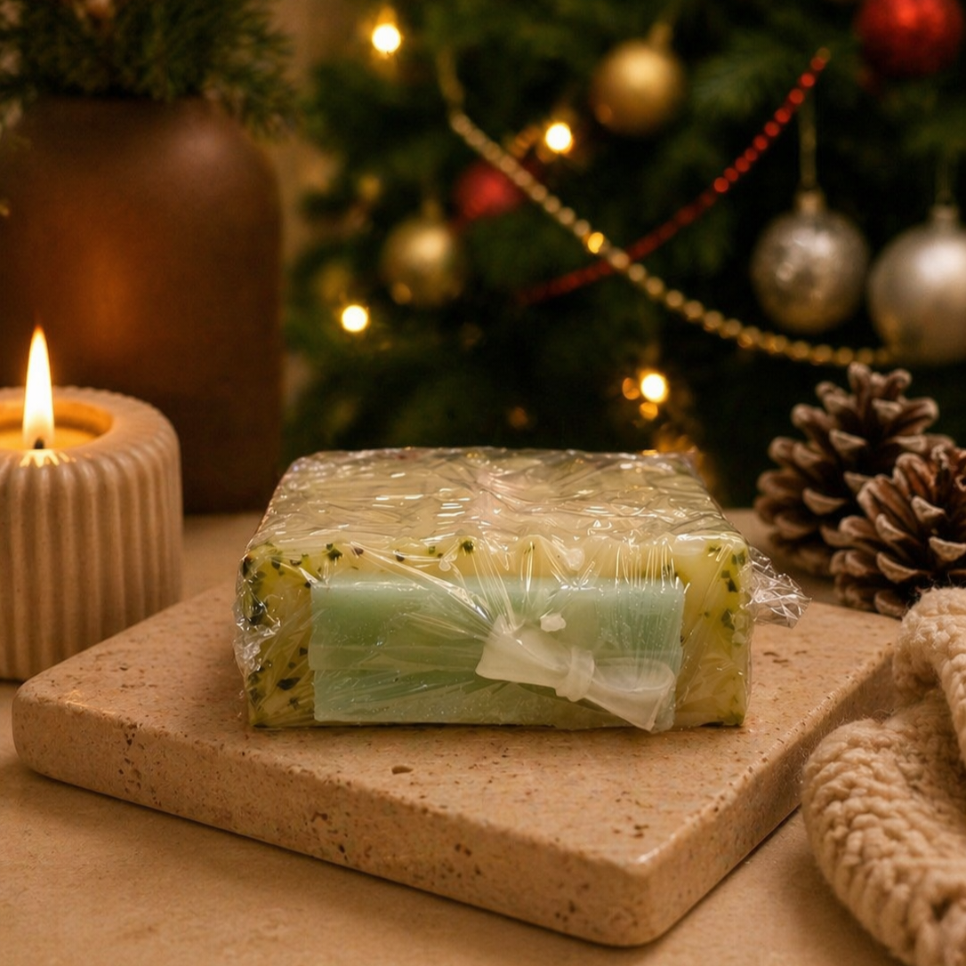 Gift wrapped in clear plastic with a green bow on a wooden surface, Christmas tree and decorations in the background.