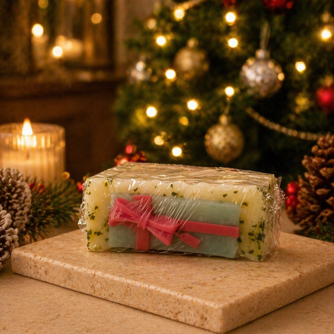 Gift wrapped in clear cellophane with a pink bow on a wooden surface with a Christmas tree in the background.