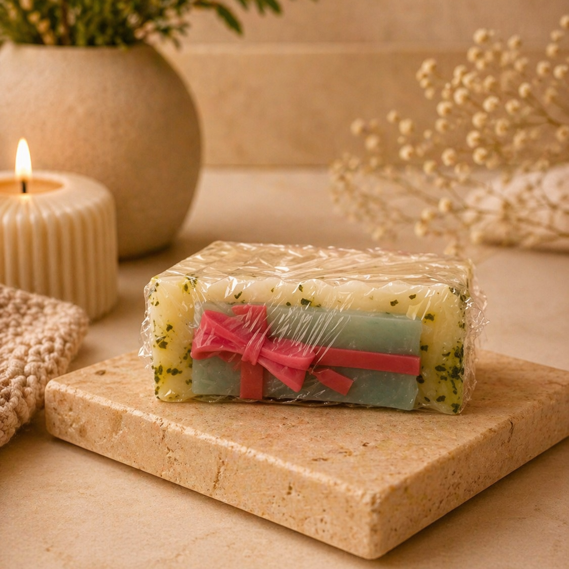 Bar of soap with a pink bow on a stone surface with a candle and plants in the background