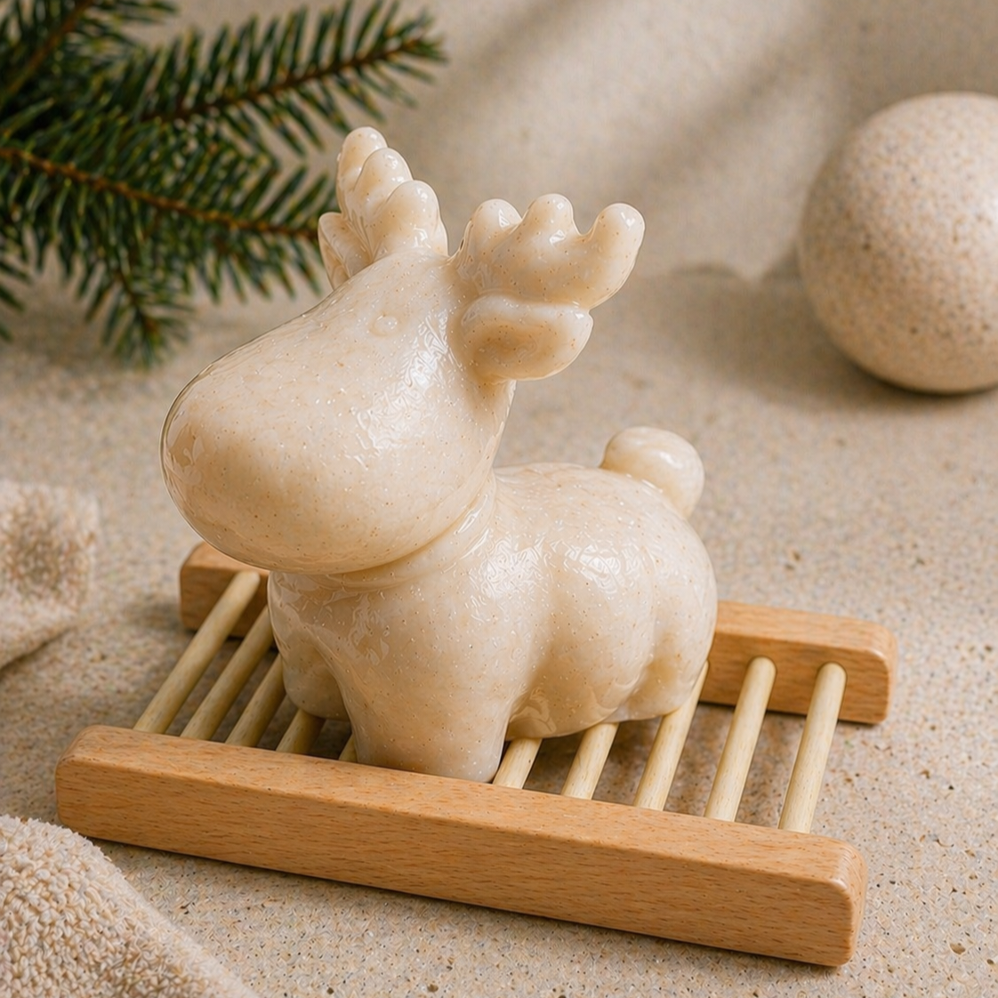 Decorative raindeer soap on a wooden stand with a vase in the background