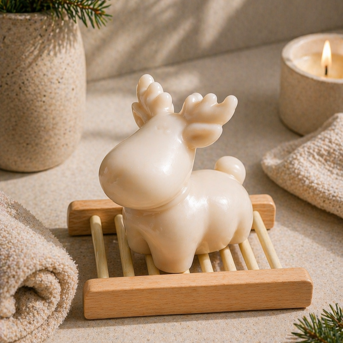 Decorative raindeer soap on a wooden stand with a vase in the background