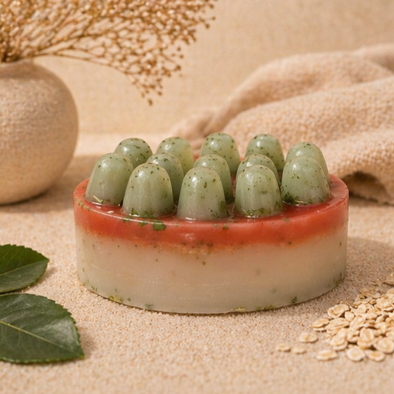 Decorative soap with green and red layers on a textured surface with leaves and oats.