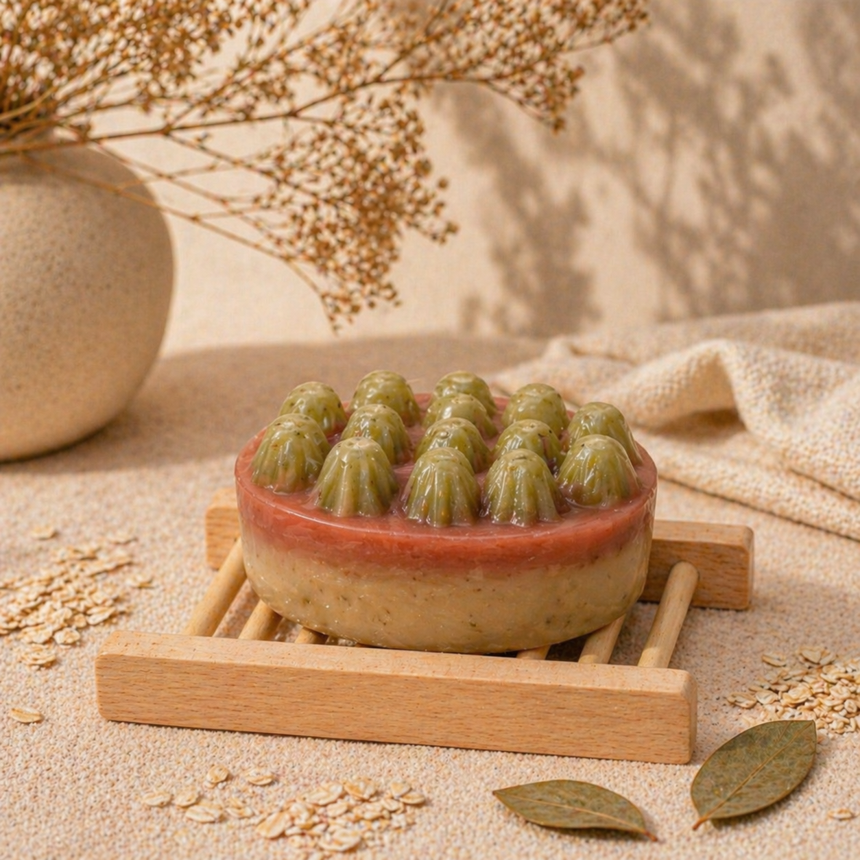 Candle shaped like a cactus on a wooden stand with a natural background