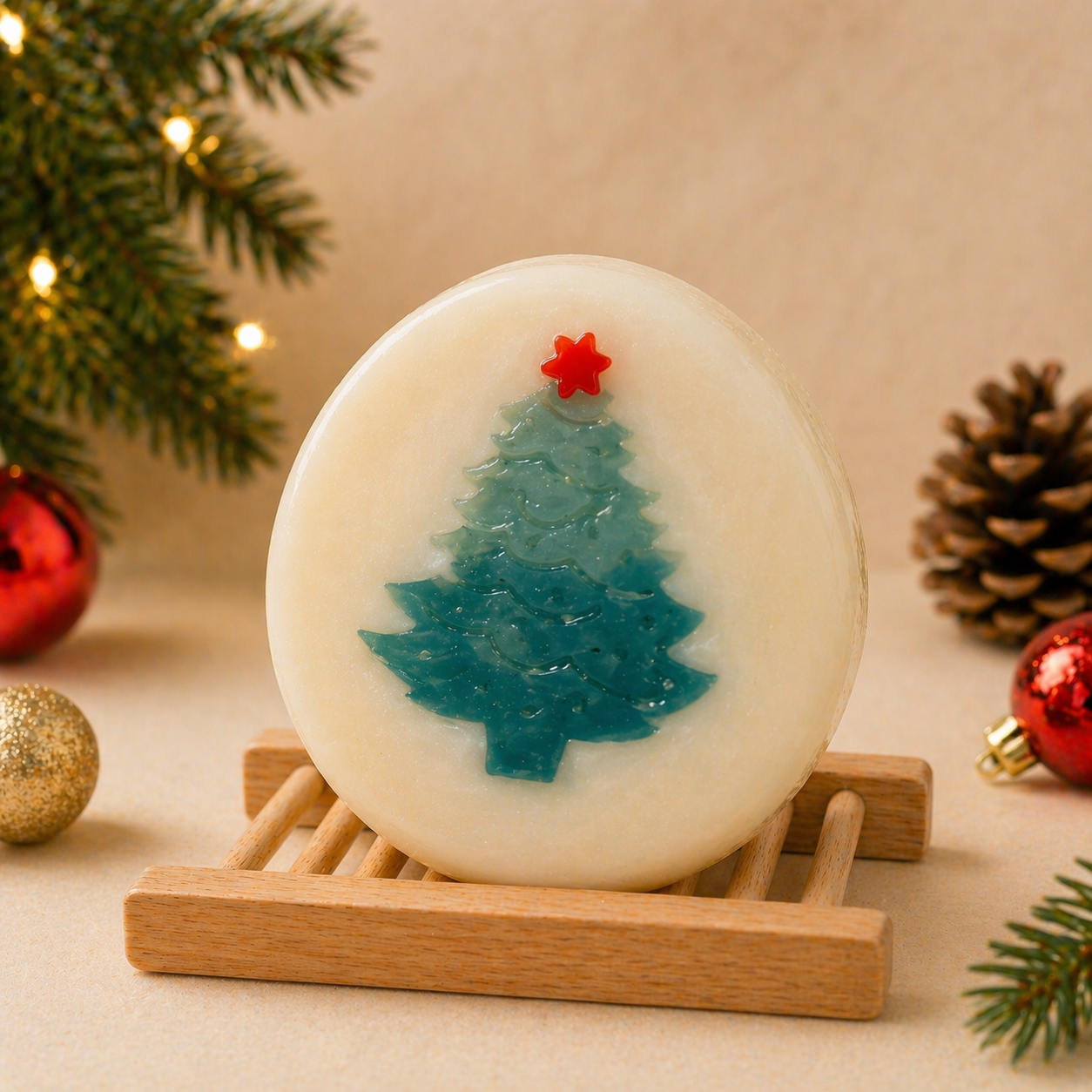 Decorative soap with a Christmas tree design on a wooden stand, surrounded by festive decorations.