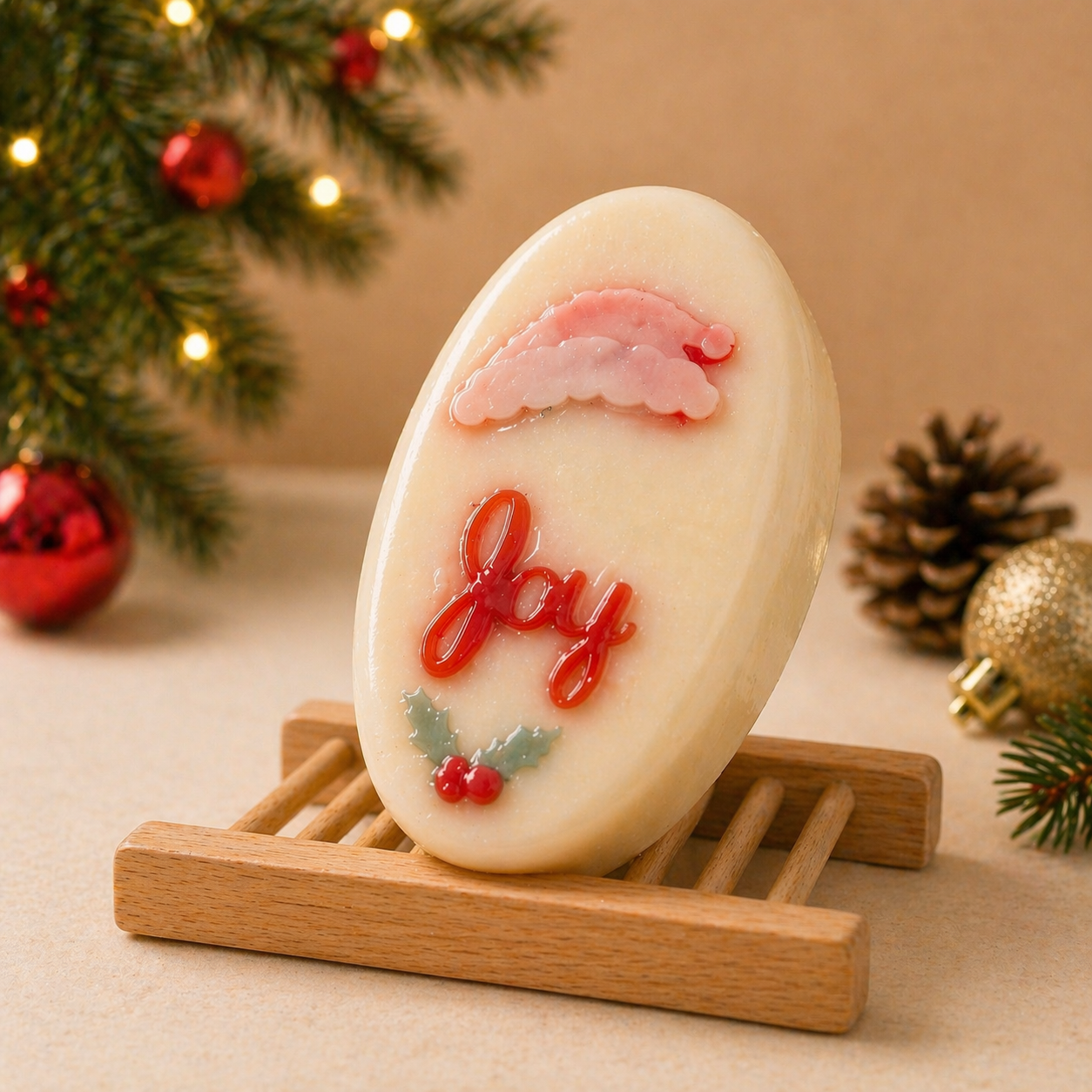 Decorative soap with 'Joy' text on a wooden stand, Christmas decorations in the background