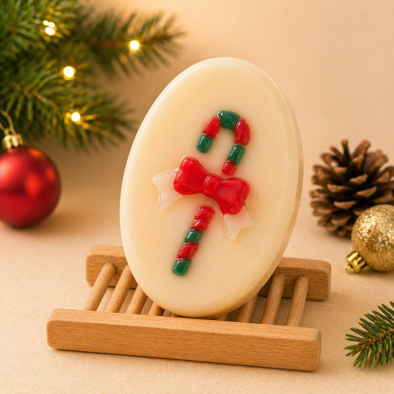 Decorative soap with candy cane and bow design on a wooden stand, Christmas decorations in the background.