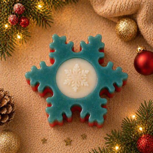 Snowflake-shaped candle with Christmas decorations on a textured surface