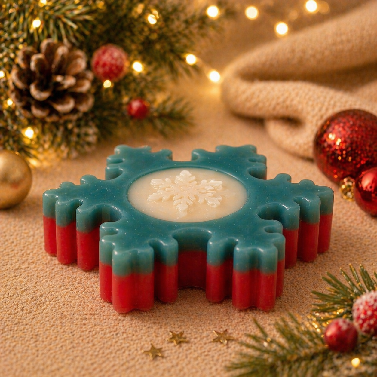 Decorative candle in a blue and red gear shape with Christmas decorations in the background