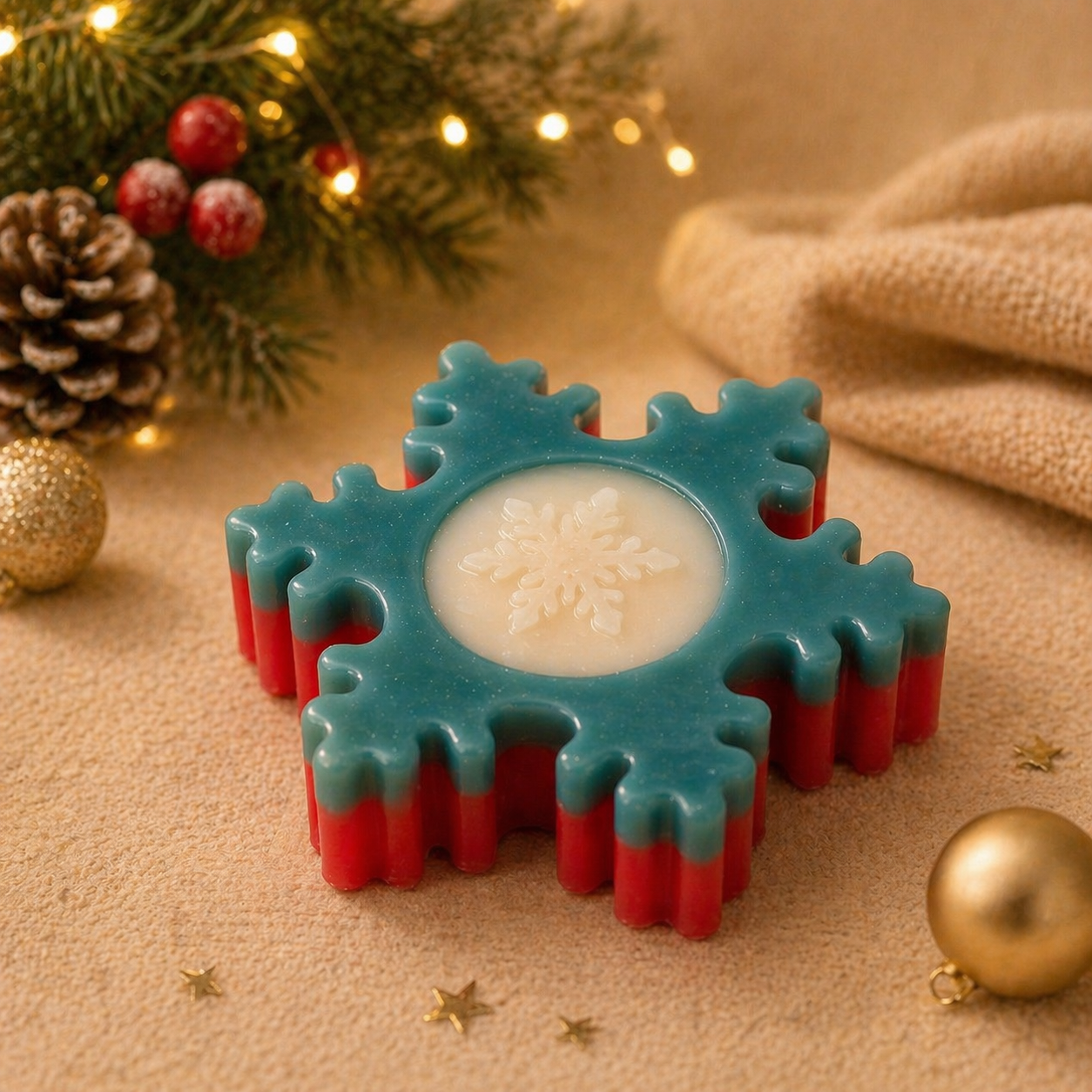 Snowflake-shaped candle with Christmas decorations on a beige surface