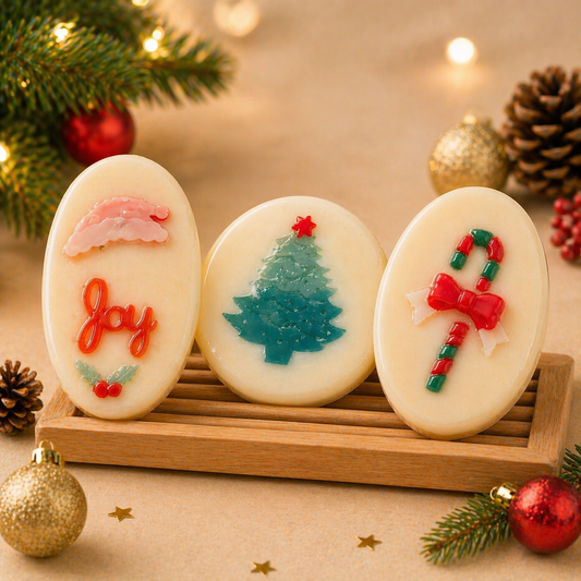 Three Christmas-themed soaps on a wooden stand with festive decorations in the background.