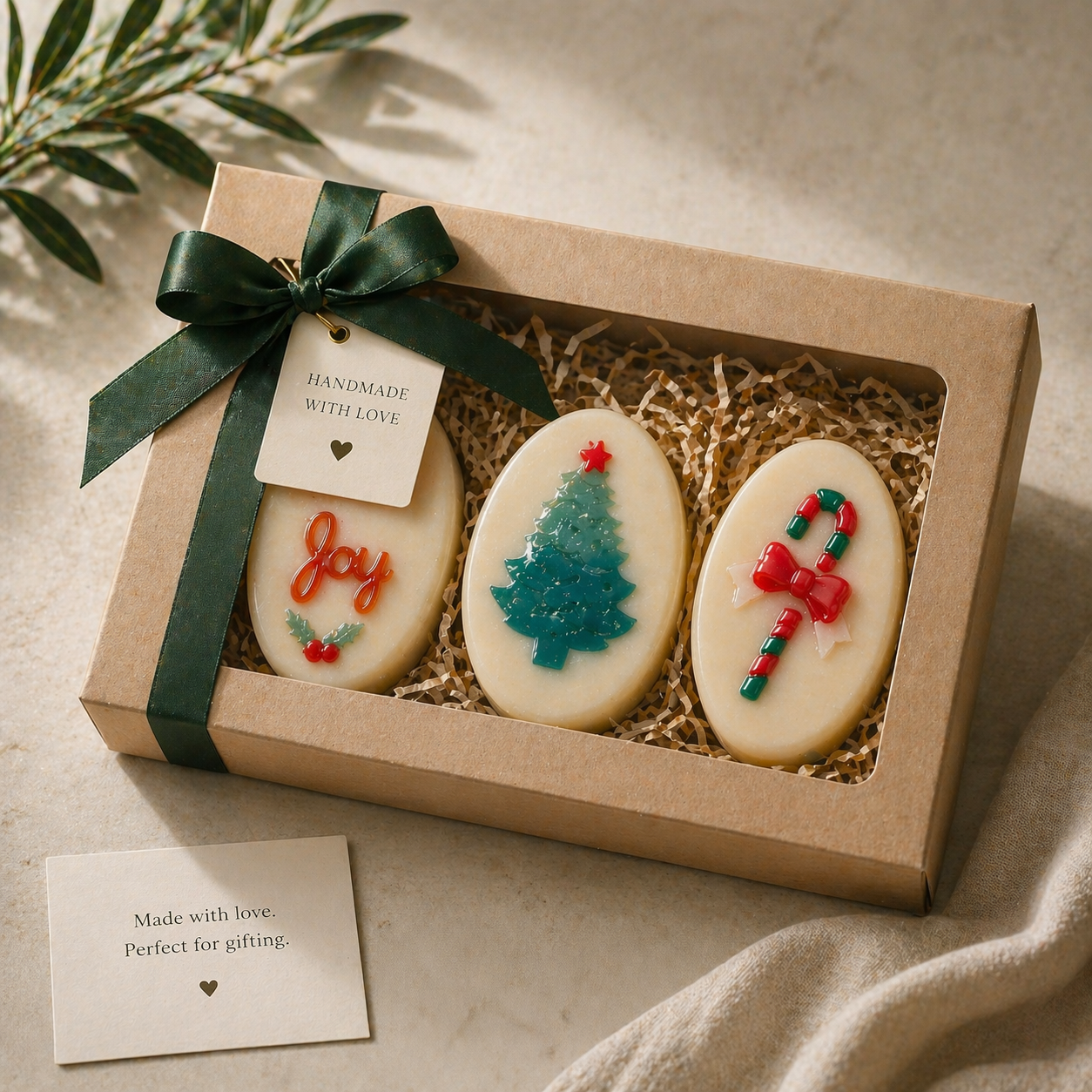 Box of Christmas-themed cookies with a decorative ribbon and tag on a neutral background