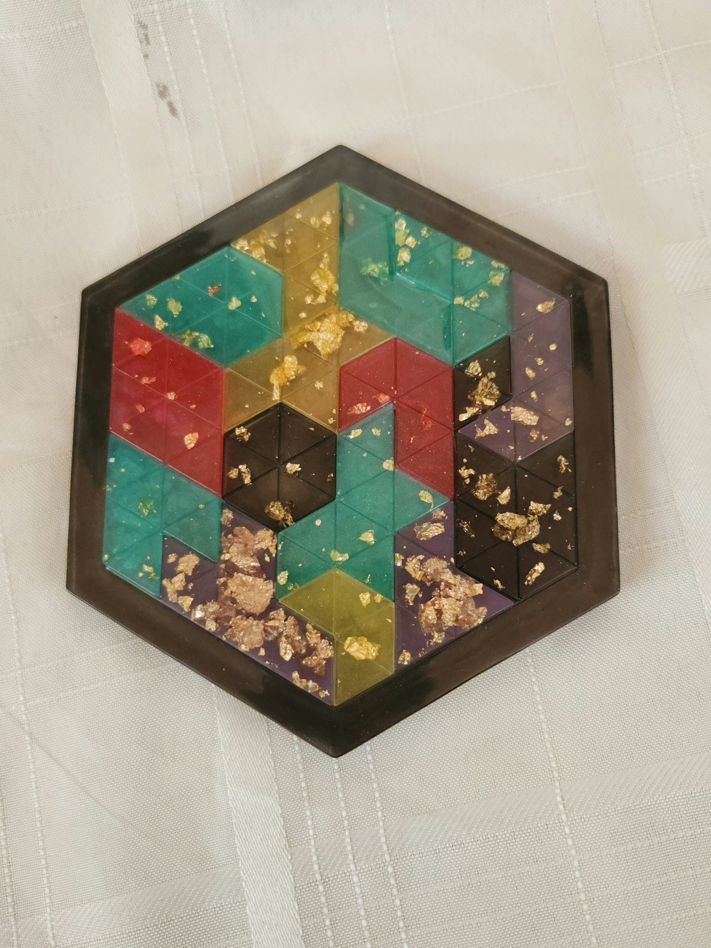 Hexagonal Geometric Resin Puzzle – Handmade Artistic Brain Teaser with Gold Flakes