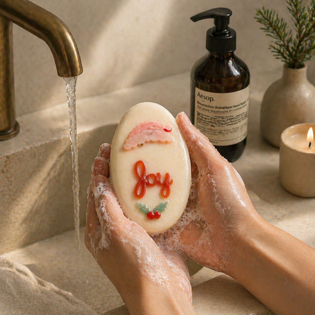 Person holding a soap with 'joy' written on it over running water, Aesop bottle in the background.