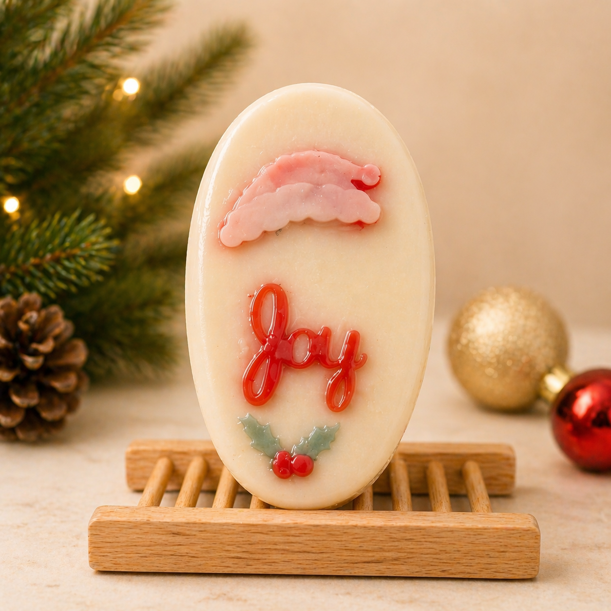 Decorative soap with 'joy' text and Christmas elements on a wooden stand, surrounded by festive decorations.
