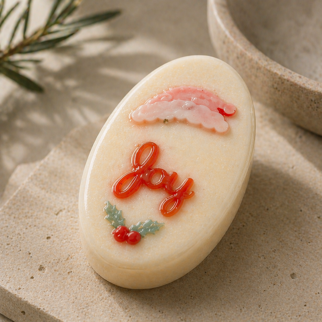 Oval-shaped soap with 'Love' and floral designs on a stone surface