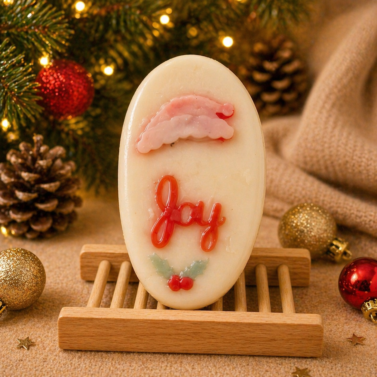 Decorative soap with 'joy' text and Christmas elements on a wooden stand.